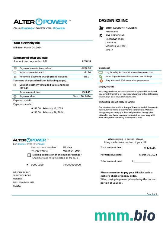 Malta AlterPower Malta dowód adresu szablon rachunku za media Biznesowe w formatach Word i PDF